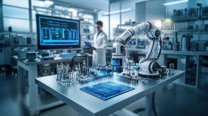 A robotic arm printing blue circuit boards on a table, illustrating AI tools in healthcare and advanced medical device manufacturing