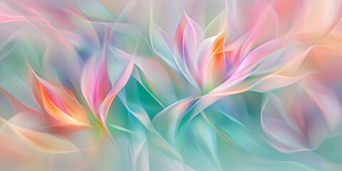 Abstract background with soft pastel colors, elegant flower petals in the center, swirling and flowing lines, dreamy atmosphere for design projects.