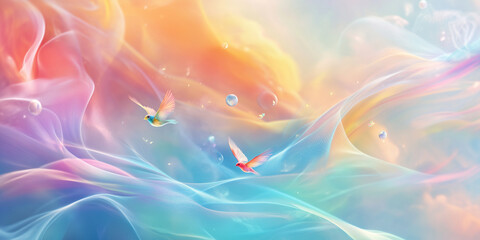 A beautiful pastel background with soft, swirling waves of color and two colorful birds flying in the sky.