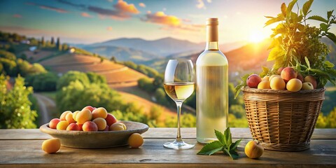 Mediterranean Summer: White Wine, Peaches & Flowers - High-Resolution Stock Photo
