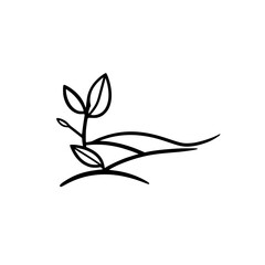 A minimal depiction of a budding plant with three leaves and a curved stem in black against a white background. The design is a line drawing.