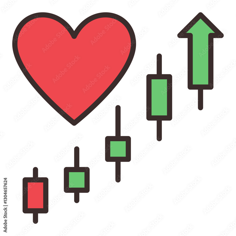 Poster big red heart with market chart patterns vector economic insights thin line icon or design element