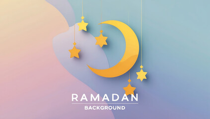 Elegant Ramadan Background with Crescent Moon and Hanging Stars in Soft Pastel Tones
