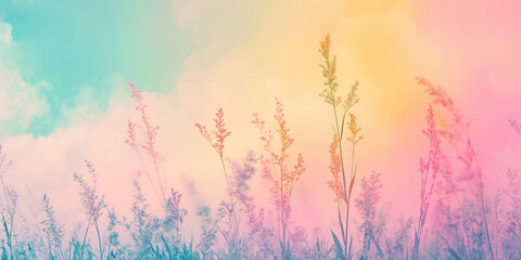 Fototapeta premium Colorful pastel flowers in a meadow, spring wildflowers, pastel background, ample copy space for text, for cosmetics, spa, perfume, beauty salon, florist shop.