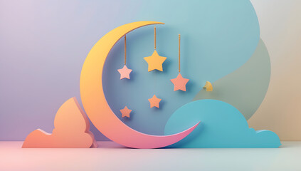 Pastel 3D Crescent Moon and Hanging Stars with Clouds, Dreamy Islamic and Celestial Theme
