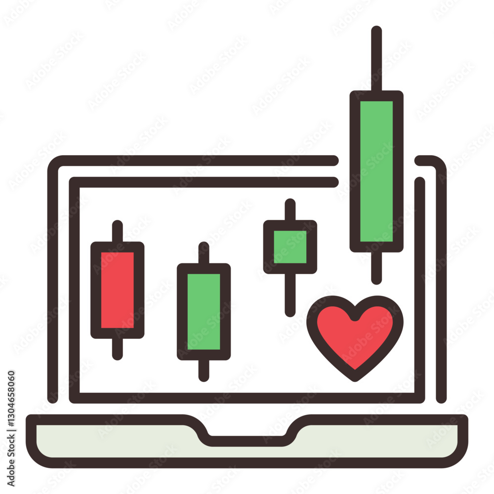Poster laptop screen with red heart with a candlestick graph vector passion for trading colored icon or des
