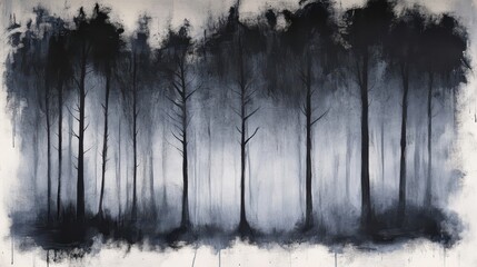 Fototapeta premium A monochrome tree backdrop with silhouetted trunks and layered charcoal textures disappearing into fog