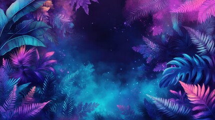 A surreal neon glow background with glowing ferns and cybernetic vines blending into a misty gradient of purple and cyan