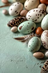 Obraz premium The design of a Happy Easter banner is elegant and vertical, with brown Easter eggs, flowers, quail eggs, and ceramic bunnies arranged on a pastel green background from a top view in a flat lay