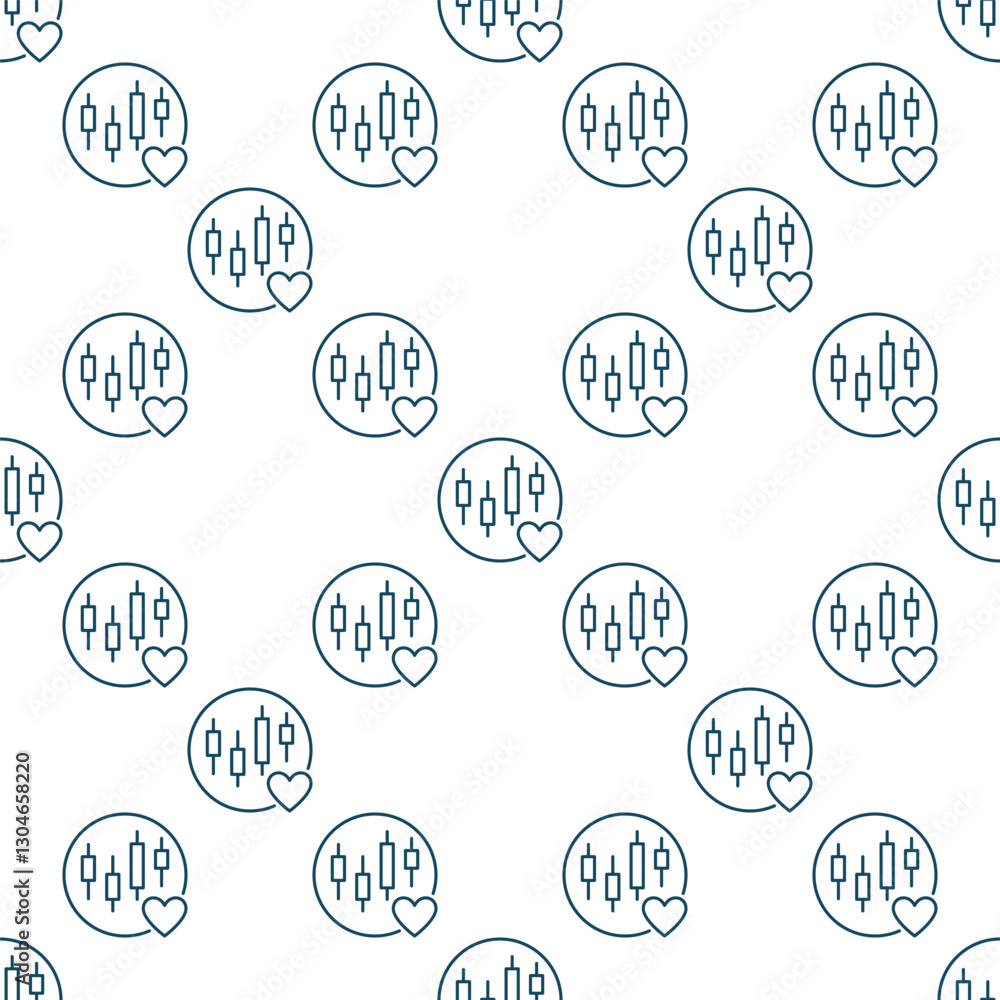 Poster candlestick chart and heart inside circle vector financial passion seamless pattern in thin line sty