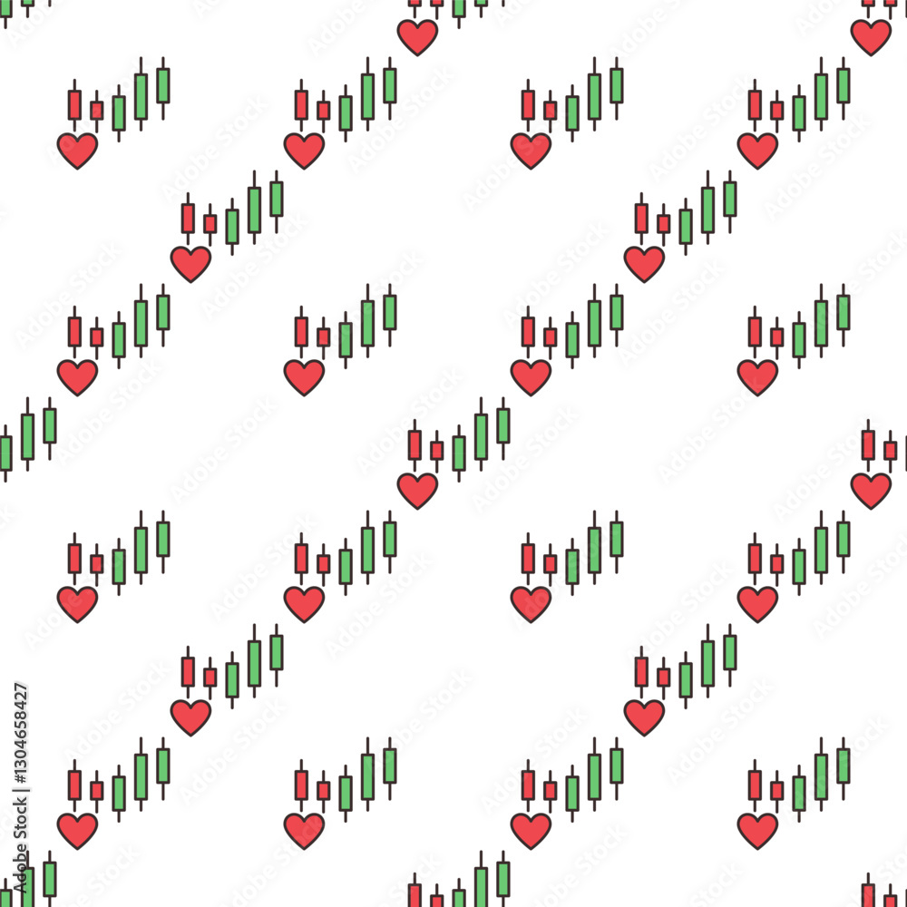 Poster crypto chart pattern and red heart vector investment passion colored seamless pattern