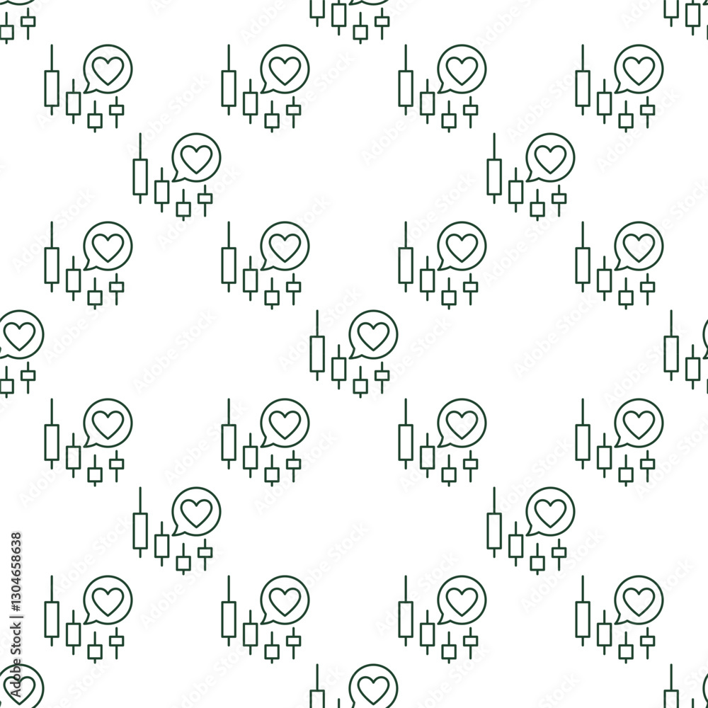 Poster heart in speech bubble and candlestick lines vector outline seamless pattern