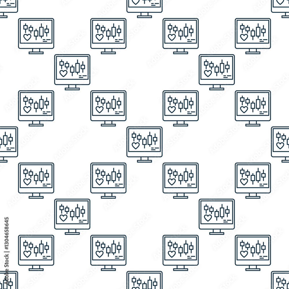Poster heart symbol and chart pattern on computer screen vector seamless pattern in outline style