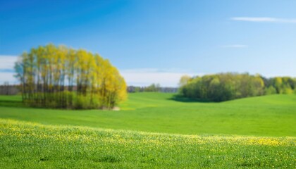 Fototapeta premium Beautiful blurred spring background nature with blooming glade, trees and blue sky 