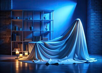 Mysterious night photography: blue shelf veiled, creating mystical home ambiance.