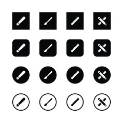 Graphic design icons, art tools, minimal vector illustrations, black and white, square icons, circular icons, utility knife icon, paintbrush icon, ruler icon, pencil and ruler crossed icon.