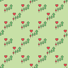 Red Heart and Rising Candlestick Chart vector Market Engagement colored seamless pattern