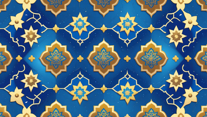Elegant Islamic Geometric Pattern with Gold and Blue Ornamental Design, Traditional Arabic Art
