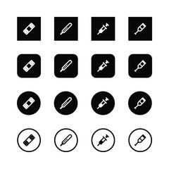 Medical icons, minimalist design, black and white, bandaid, thermometer, syringe, medicine bottle, square icons, circular icons, healthcare symbols, vector graphics, simple shapes, flat design, monoch