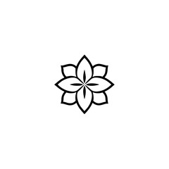 Minimalist black and white eight-petal flower logo against a stark white background.