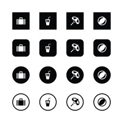 Minimalist vacation icons, black and white, suitcase, drink, beach umbrella, beach ball, simple shapes, clean design, vector graphics, square and circular backgrounds, consistent style, travel symbols