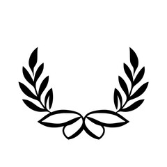 Black and white laurel wreath illustration of symmetrical leaves.