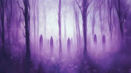 Fototapeta premium A haunting gothic forest background with blurred tree silhouettes and glowing particles scattered over a lavender horizon