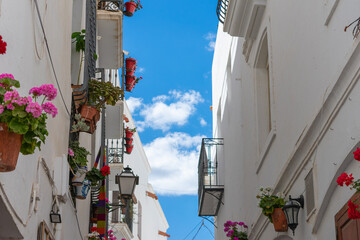 balconies with flowers of white houses with blue sky