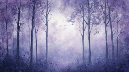 Naklejka premium A haunting gothic forest with blurred tree silhouettes and ghostly shadows with glowing particles in a misty lavender landscape