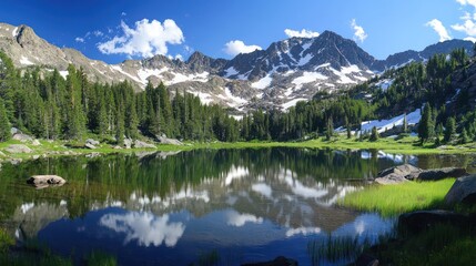 Quiet alpine lake, surrounded by snow-capped peaks and dense evergreen forests