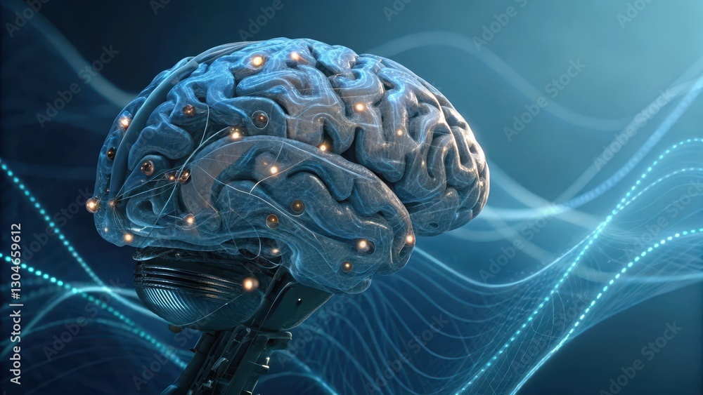 Poster futuristic brain design with glowing elements and abstract waves in the background.