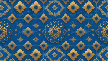 Elegant Islamic Geometric Pattern with Gold and Blue Ornamental Design, Traditional Arabic Art
