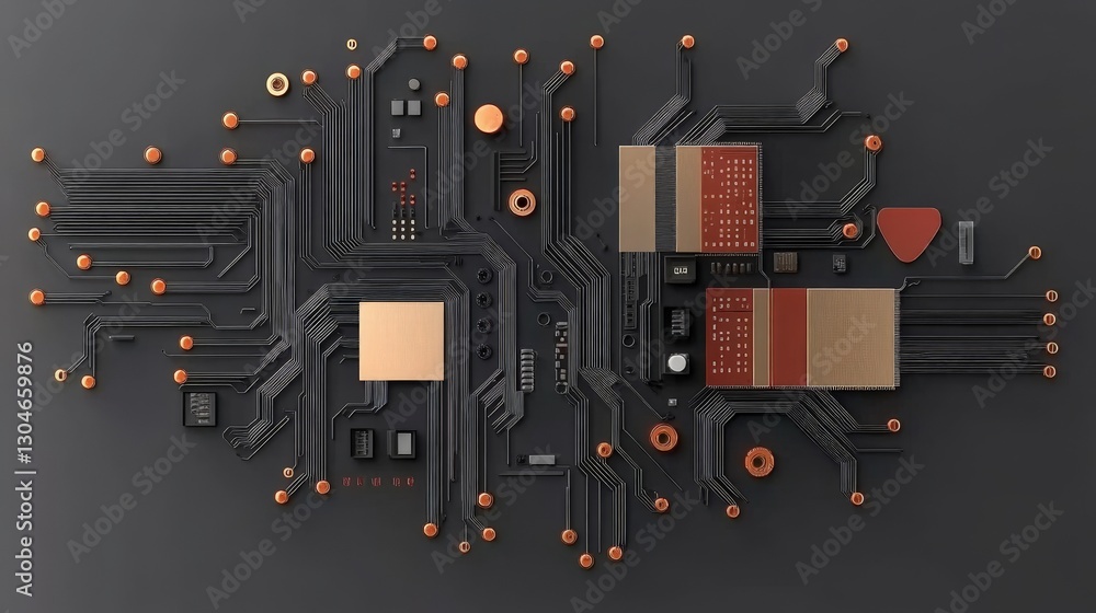 Poster abstract circuit board with components on dark background surface