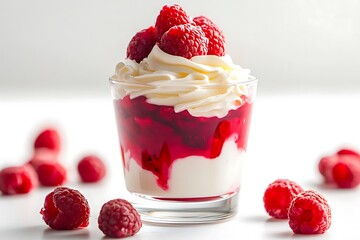 A glass filled with a layered raspberry parfait is displayed against a clean white background