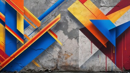 Colorful geometric shapes create a dynamic urban street art design.