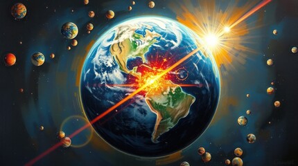 Earth Illustration with Energy Beams and Other Planets in Cosmic Background
