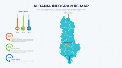 Infographic Map of Albania. Albania country map infographic colored vector template with regions and pointer marks.
