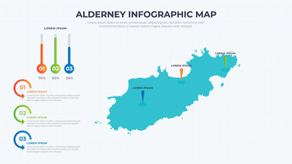 Obraz premium Infographic Map of Alderney. Alderney country map infographic colored vector template with regions and pointer marks.