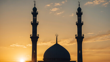 Silhouette of Mosque Minarets Against a Golden Sunset, Islamic Architecture and Spirituality
