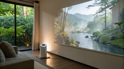 Cozy living room featuring a projector displaying a serene mountain landscape.