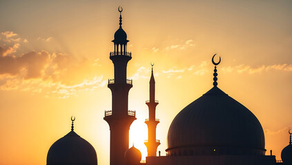 Silhouette of Mosque Minarets Against a Golden Sunset, Islamic Architecture and Spirituality
