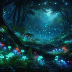Obraz premium Bioluminescent Jungle Night: Fantasy Landscape 