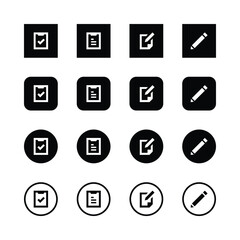 Minimalist icon set, black and white, document management, checklist, writing, editing, square icons, rounded icons, circular icons, clean design, vector graphics, user interface elements, simplistic.