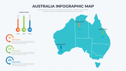 Fototapeta premium Infographic Map of Australia. Australia country map infographic colored vector template with regions and pointer marks.