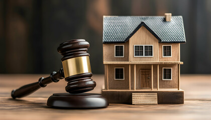 Real estate law concept with a judge's hammer and house model, representing property investment  -