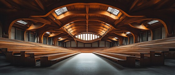Fototapeta premium Wooden chapel interior, sunlight, skylights, empty pews, architecture