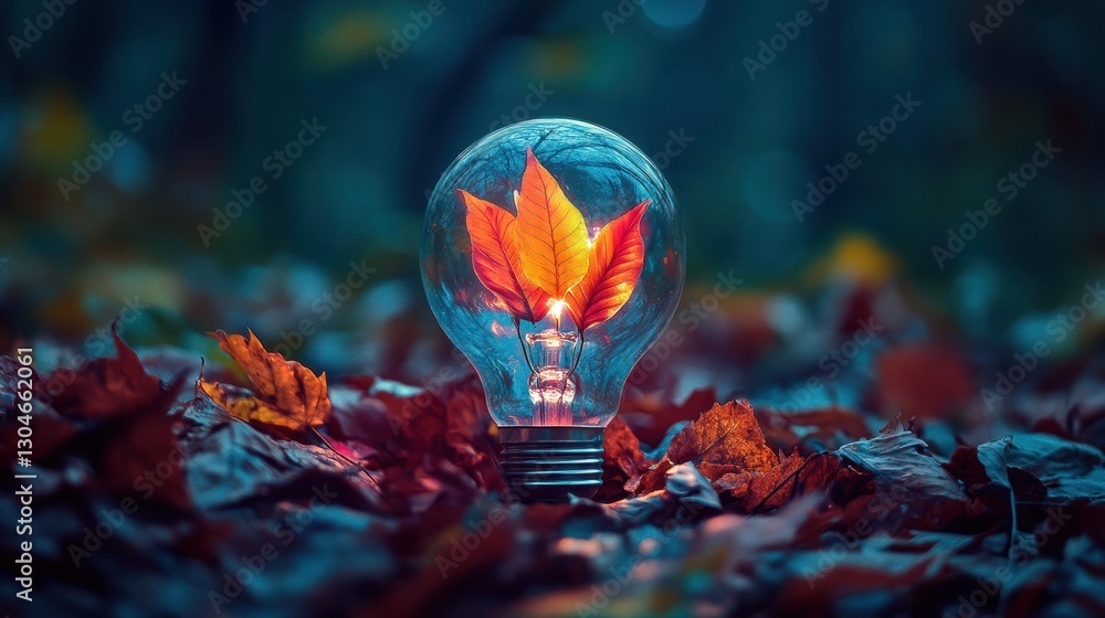 Poster light bulb with glowing autumn leaves surrounded by colorful fallen leaves in a serene forest settin