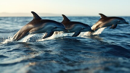 Fototapeta premium Dolphins leap gracefully through shimmering waves under golden s
