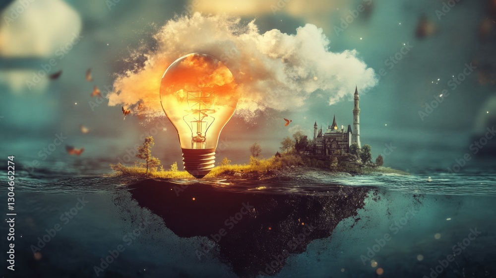 Poster fantasy landscape with a floating island featuring a light bulb surrounded by clouds and a castle at
