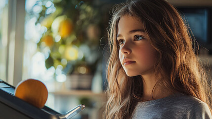 Adorable young girl with long brown hair pensively gazing out window kid gaze home cute calm child
